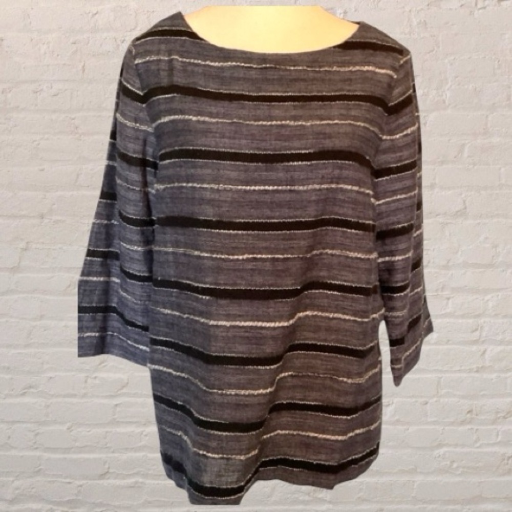 pureJill navy,black,white striped textured cotton 3/4 sleeve boxy fit top S